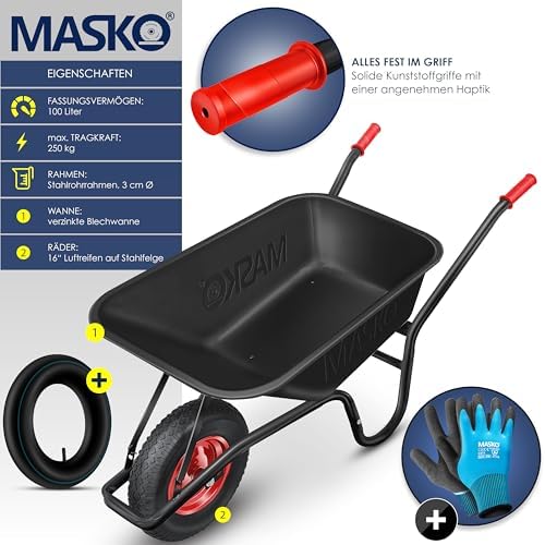 MASKO® Carretilla de Jardín y Construcción | Capacidad de 100 Litros y 250kg con Neumáticos de Aire | Para Jardineros Pr